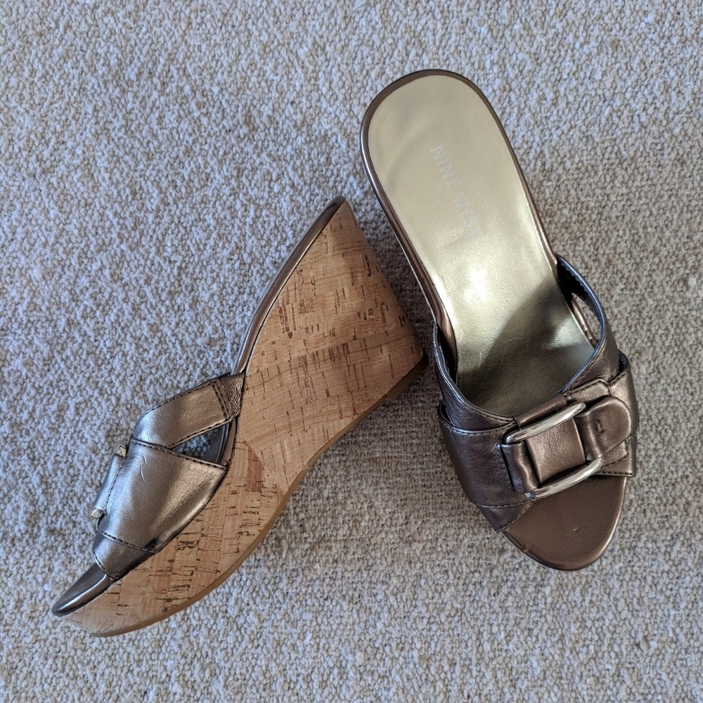 Nine West Bronze Leather Slip-On Wedges, 7.5M